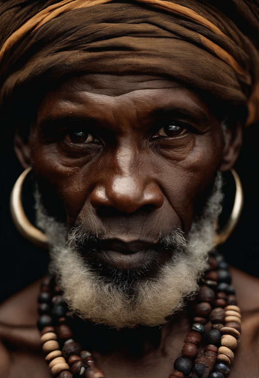 A closeup of a man with a brown seed necklace around his neck, Homem africano, indigenous man, foto do retrato de um homem velho, African facial features, ele tem cerca de 7 0 anos de idade, retrato impressionante, east african man with curly hair, Homem de 5 0 anos, Samburu, anthropological photography, beautiful portrait, he is about 6 0 year old man and wise soft front light, brilho, HDR, (cores suaves: 1.2) Hiperealista,realista, Realismo, renderizado, Alto contraste, digital art photographyrealistic trend in Artstation 8k HD high definition detailed realistic,  detalhado, textura da pele, hiper detalhado, textura de pele realista, armadura, melhor qualidade, ultra high-resolution, (fotografiarrealista: 1.4), alta resolução, detalhado, Calado bruto, sharp re, por lee jeffries Nikon D850 Filme Fotografia de Stock 4 Kodak Portra 400 Lente F1.6 Rich Colors Realistic Texture Dramatic Texture Dramatic Lighting Irrealengine Trend on Artstation Cinestill 800