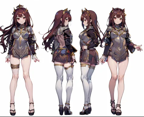 1girl, human female, reference sheet, matching outfit, (fantasy character design, front angles, side angles, rear angles) young woman, warm smile, expressive eyes, chestnut hair, reddish eyes, gentle waves, 1chainmail, armored outfit, craftsmanship, offers...
