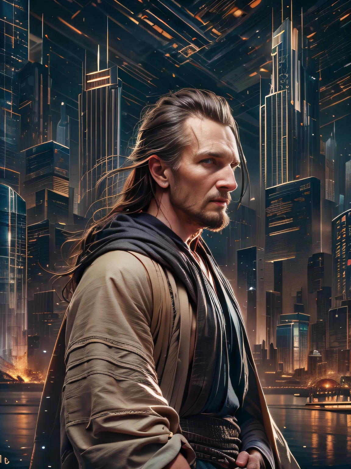 30 year old man，a handsome，against the backdrop of a metropolis, It's dark night, Jedi, hairlong, Serious, hyper realisitc, young Liam Neeson, Qui-Gon Jinn（A detailed eye：1.3），BazleColor Eye，full bodyesbian