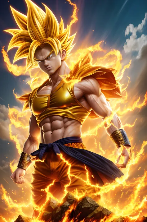 super Saiyan Sun Goku standing on a gold cloud,(best quality,highly detailed,masterpiece,HDR,UHD,64K:1.3),Professional,realistic,RAWphoto,Vivid Colors, stunning black and gold background, sky white cloud background, the cloud is super fast and pull out a l...