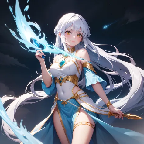 Drawing the  sword of the lava mountain,  ,  and  cold  flame of the ancient style woman, holding the blue flame burning sword, white clothes dancing sword in the red long hair flowing and  yellow eyes holding a silver long sword beautiful woman, wearing j...