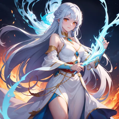 Drawing the  sword of the lava mountain,  ,  and  cold  flame of the ancient style woman, holding the blue flame burning sword, white clothes dancing sword in the red long hair flowing and  yellow eyes holding a silver long sword beautiful woman, wearing j...
