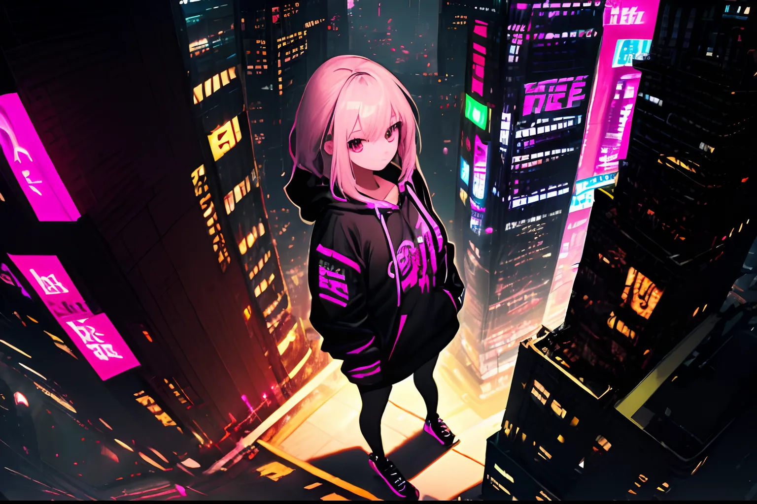 (masterpiece, best quality)), best aesthetics, very detailed background, a girl, solo, full body, hoodie, hoodie down, hoodie down, looking at the viewer, night, city, street, road, building, skyscraper, black background, dark background, seen from above, old, older, older, cyberpunk style neon lights