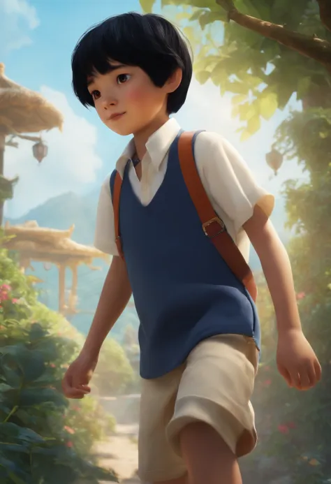 Qualidade de imagem do filme, animation, Disney, 10-year-old Japanese boy with black Bob haircut, suspenders, blue shorts, camisa tecida branca