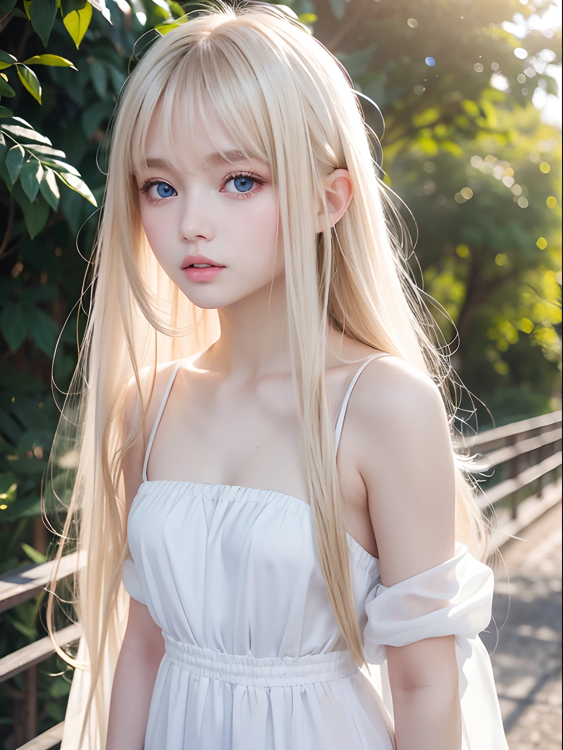 Transparent white glossy skin、Wind hair gets in the way in front of cute face、18 year old cute sexy little beautiful face、Beautiful straight hair that shines、Big、Very beautiful light blue eyes that shine、Long silky bangs covering cute eyes, Sexy face hiding hair super long hair sexy cute young woman long natural blonde shiny bright hair