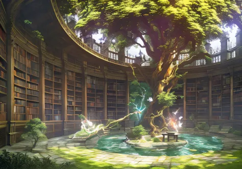 anime scene of a library with a tree and a bench, Biblioteca de Arte Conceitual de Ruina, Arte da Biblioteca Espacial Borne, bib...