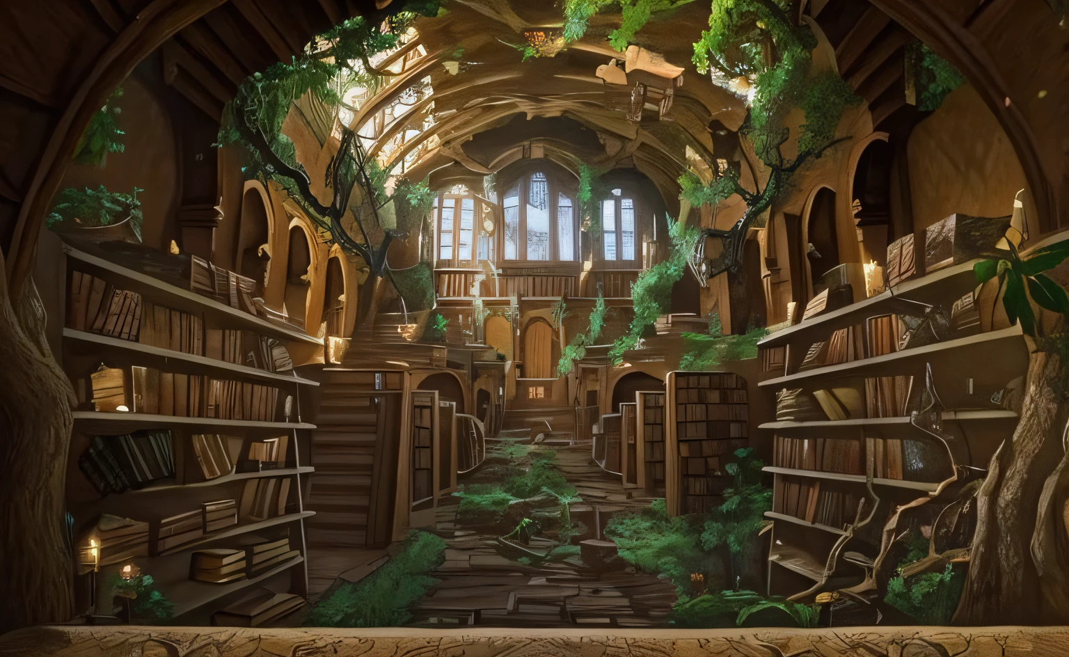 Arafed view of a library with a tree and a path, old library, gothic epic library concept, gothic epic library, an overloaded library, library of ruina concept art, gothic library, in a devastated library, old library, magical atmosphere, alchemist library background, MAGIC LIBRARY, fantasy overgrown world, library background, castle library, A full-size upscaling eternal library clearer than the original