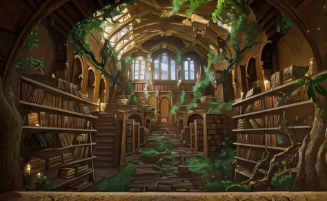 Arafed view of a library with a tree and a path, biblioteca antiga, gothic epic library concept, gothic epic library, uma biblio...