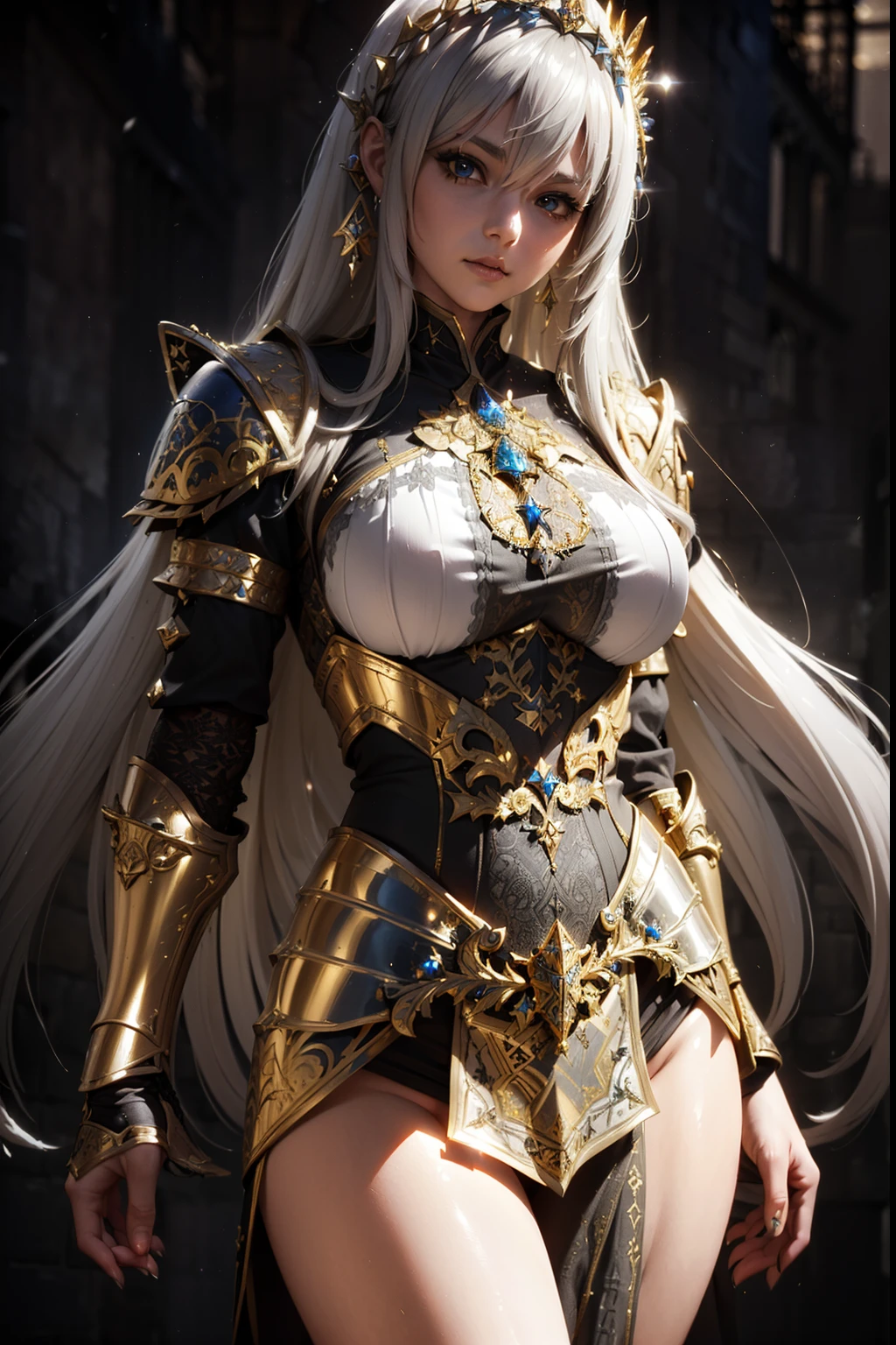 (masterpiece), best quality, detailed long white hair, (((wearing a realistic and detailed golden and gray medieval armor, aethereal fantasy aesthetic style))) detailed perfect skin, intricate perfect beauty face, detailed sharp eyes, detailed eyes and pupils, (((from face to the waist))), (((beauty slim shape))), 4k, UHD