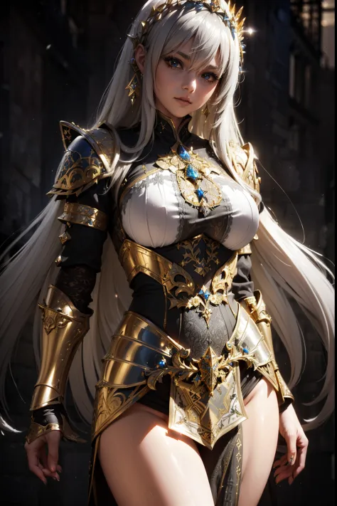 (masterpiece), best quality, detailed long white hair, (((wearing a realistic and detailed golden and gray medieval armor, aethe...