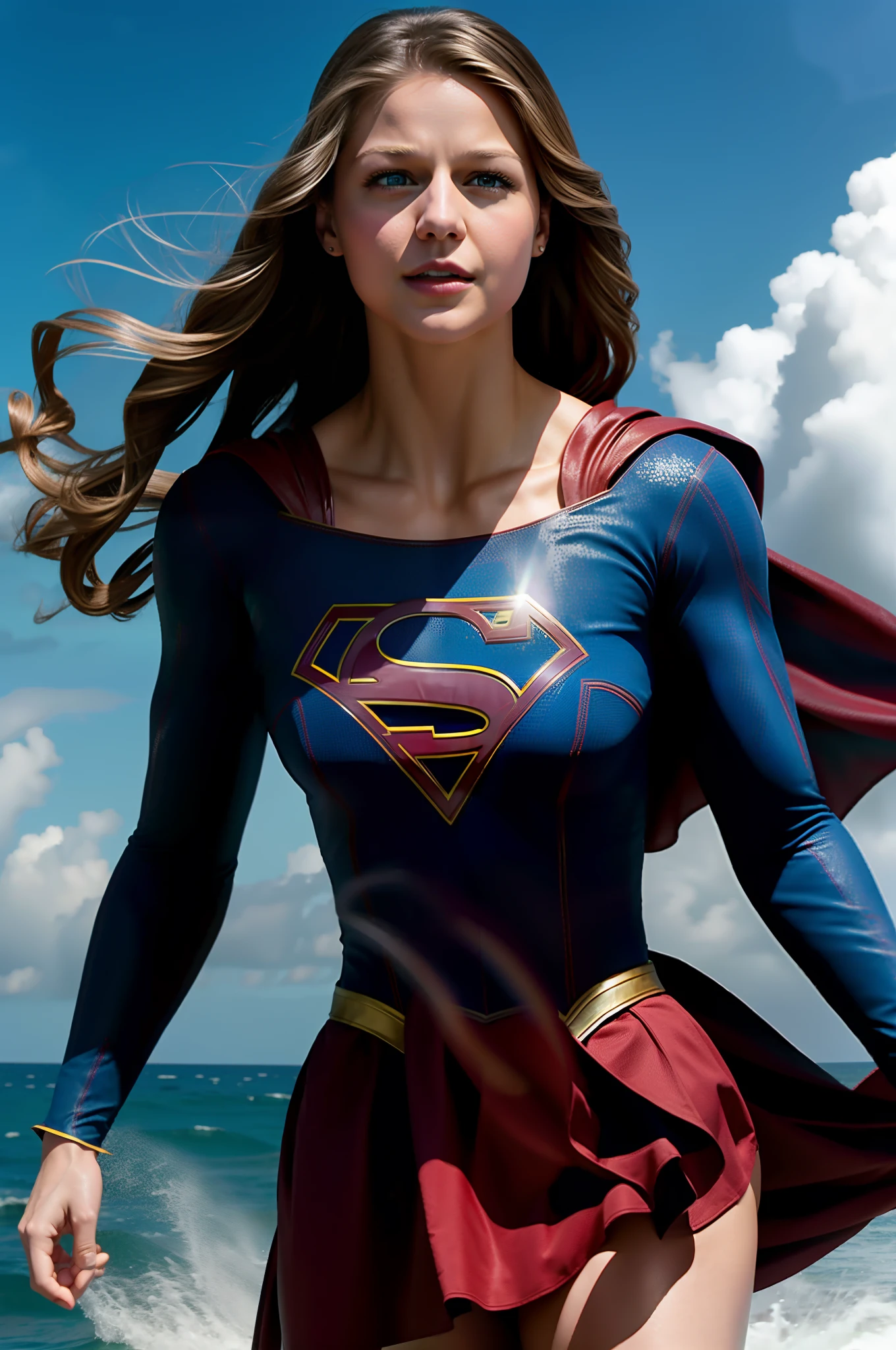 Melissa Benoist as Supergirl with an athletic physique in a tropical storm, flying over the sea