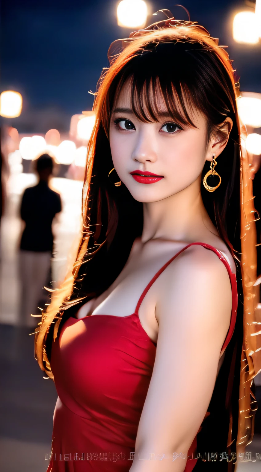 top-quality。８K-Picture。Ultra-high pixel。The background is the city at night。girl with。hair is long and slightly wavy,,,,,,,,,,,,,,,,,,,,,,,,,,,,,,,,,,,,,,,,,,,,,,,,,,,,,,,。The color is dark brown。Glamour style、((huge-breasted：1.8))。wearing red dress、Photos dancing brilliantly。Delicate finish overall。The body line is gorgeous。legs are long、Wear red high heels。((Hair shines like a reflection of the street。The eyeball reflects the surrounding landscape。The skin is wet with night dew))。Almost perfect woman。((time々In close-up of the upper body))。The second highlighted part々I want you to express it in close-ups。