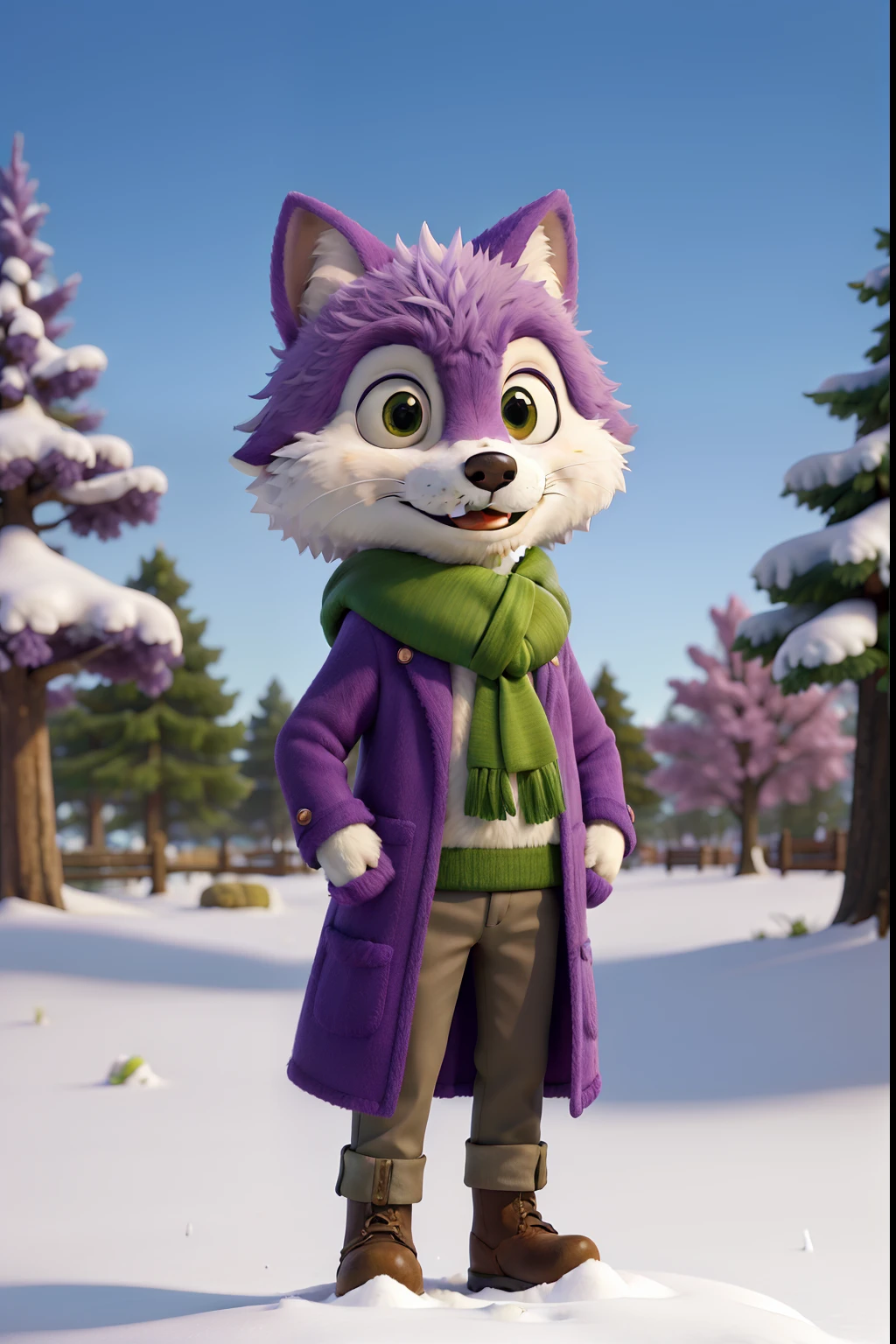 Masterpeace, beste quality, a snow fox, wearing a purple coat and green scarf, Standing in the park