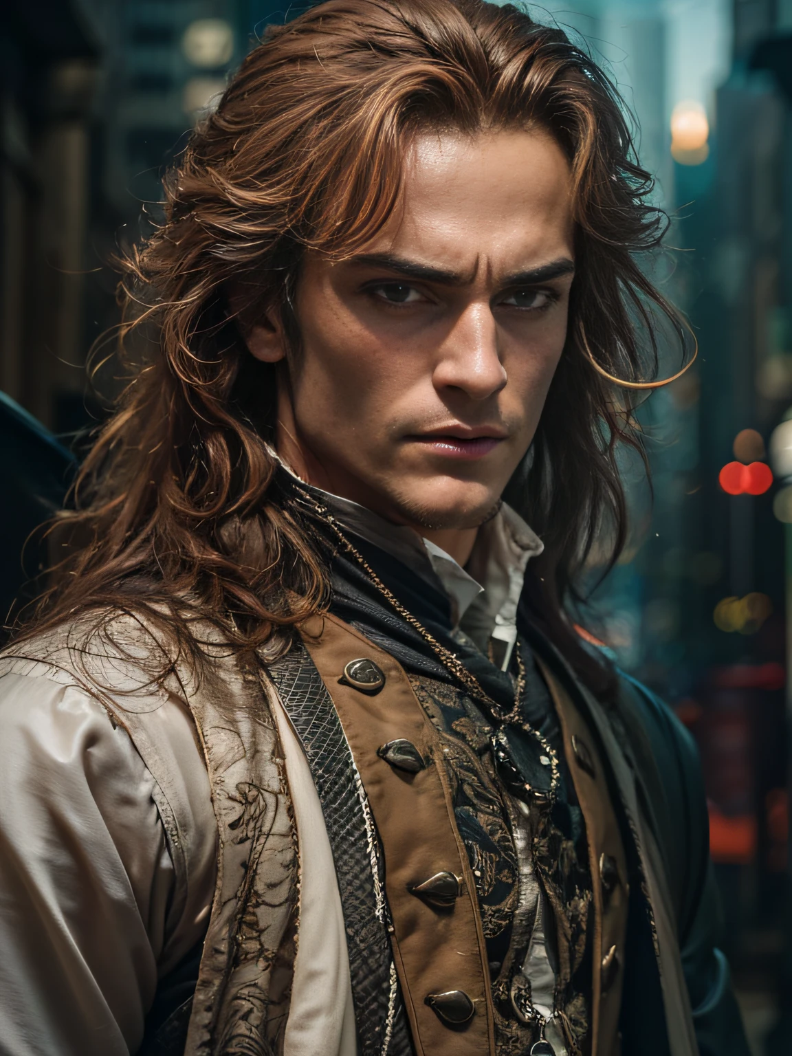 30 year old man，a handsome，against the backdrop of a metropolis, It's dark night, l vampire, hairlong, Serious, hyper realisitc, Stuart Townsend, Vampire Lestat de Lioncourt, From the movie "Queen of the Damned"（A detailed eye：1.3），BazleColor Eye，full bodyesbian
