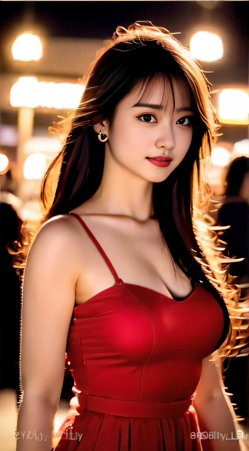 top-quality。８K-Picture。Ultra-high pixel。The background is the city at night。girl with。hair is long and slightly wavy,,,,,,,,,,,,,,,,,,,,,,,,,,,,,,,,,,,,,,,,,,,,,,,,,,,,,,,,,。The color is dark brown。Glamour style、((huge-breasted：1.8))。wearing red dress、Photos dancing brilliantly。Delicate finish overall。The body line is gorgeous。legs are long、Wear red high heels。((Hair shines like a reflection of the street。The eyeball reflects the surrounding landscape。The skin is wet with night dew))。Almost perfect woman。((time々In close-up of the upper body))。The second highlighted part々I want you to express it in close-ups。