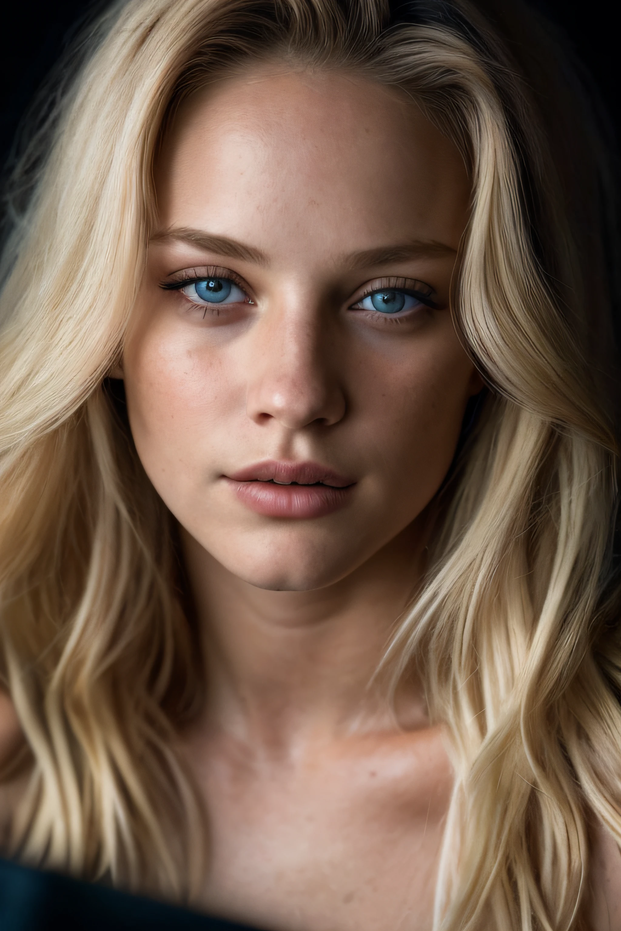 (close-up, editorial photograph of a 21 year old blond woman), (highly detailed face:1.4) (smile:0.7) (background inside dark, moody, private study:1.3) POV, by lee jeffries, nikon d850, film stock photograph ,4 kodak portra 400 ,camera f1.6 lens ,rich colors ,hyper realistic ,lifelike texture, dramatic lighting , cinestill 800,