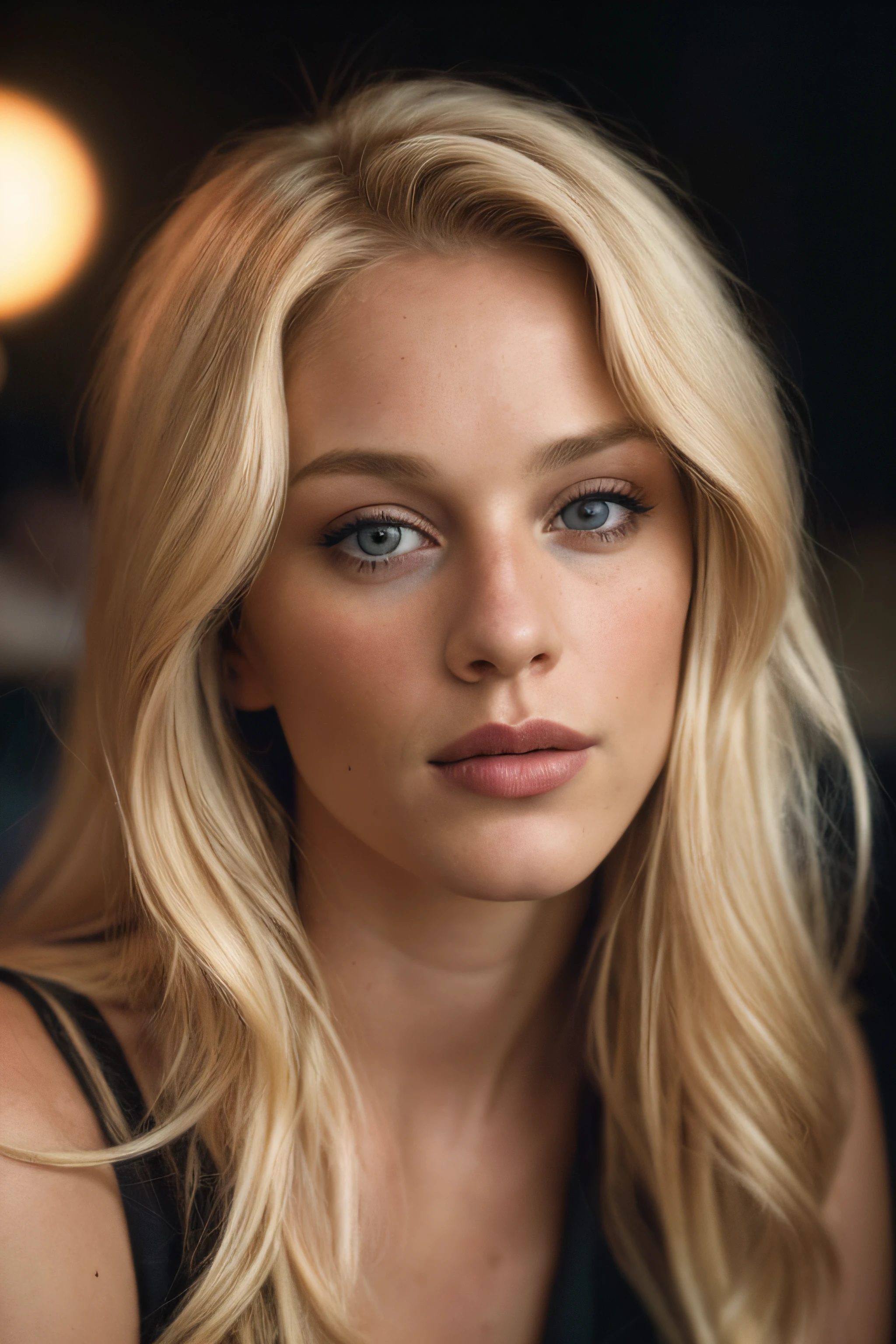 (close-up, editorial photograph of a 29-year-old blond beautiful woman), (highly detailed face:1.4) (smile:0.7) (background inside dark, moody, private study:1.3) POV, by Lee Jeffries, nikon d850, film stock photograph,4 kodak portra 400 ,camera f1.6 lens ,rich colors ,hyper realistic ,lifelike texture, dramatic lighting , cinestill 800,