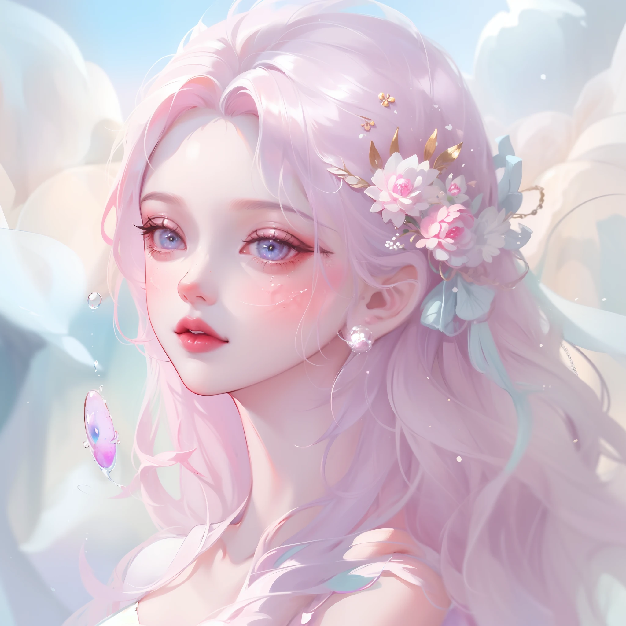 a painting of a woman in a dress blowing bubbles, loish and wlop, ethereal bubbles, moebius + loish + wlop, dreamy and detailed, intricate wlop, closeup fantasy with water magic, fairytale artwork, fairytale painting, in style of anna dittmann, wlop art, realistic fantasy painting, artgerm julie bell beeple