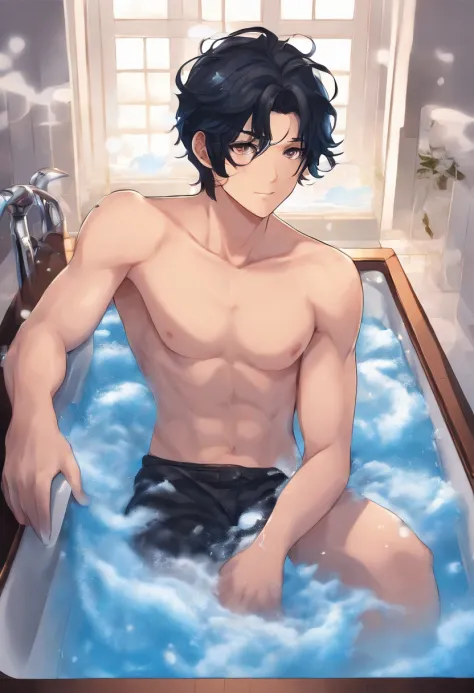 anime young man with blue-black hair naked in bathtub with foam