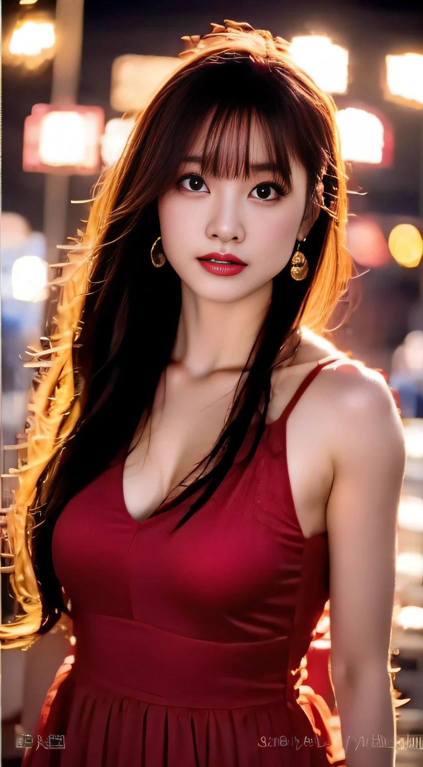 top-quality。８K-Picture。Ultra-high pixel。The background is the city at night。girl with。hair is long and slightly wavy,,,,,,,,,,,,,,,,,,,,,,,,,,,,,,,,,,,,,,,,,,,,,,,,,,,,,,,,,,,,,。The color is dark brown。Glamour style、((huge-breasted：1.8))。wearing red dress、Photos dancing brilliantly。Delicate finish overall。The body line is gorgeous。legs are long、Wear red high heels。((Hair shines like a reflection of the street。The eyeball reflects the surrounding landscape。The skin is wet with night dew))。Almost perfect woman。((time々In close-up of the upper body))。The second highlighted part々I want you to express it in close-ups。