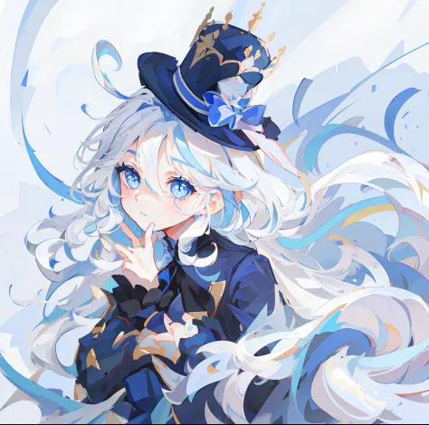 girl, white hair, blue eyes, wearing a top hat, blue dress