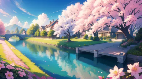 Masterpiece, best quality, (very detailed unified CG 8k wallpaper) (best quality), (best illustration), (best shadow) nature tree with pink flowers, yellow house, river, bridge, super meticulous --v6