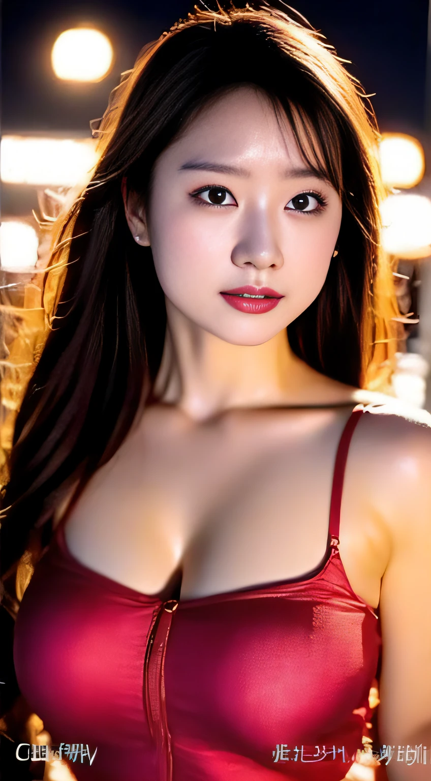 top-quality。８K-Picture。Ultra-high pixel。The background is the city at night。girl with。hair is long and slightly wavy,,,,,,,,,,,,,,,,,,,,,,,,,,,,,,,,,,,,,,,,,,,,,,,,,,,,,,,,,,,,,,,,。The color is dark brown。Glamour style、((huge-breasted：1.8))。wearing red dress、Photos dancing brilliantly。Delicate finish overall。The body line is gorgeous。legs are long、Wear red high heels。((Hair shines like a reflection of the street。The eyeball reflects the surrounding landscape。The skin is wet with night dew))。Almost perfect woman。((time々In close-up of the upper body))。The second highlighted part々I want you to express it in close-ups。