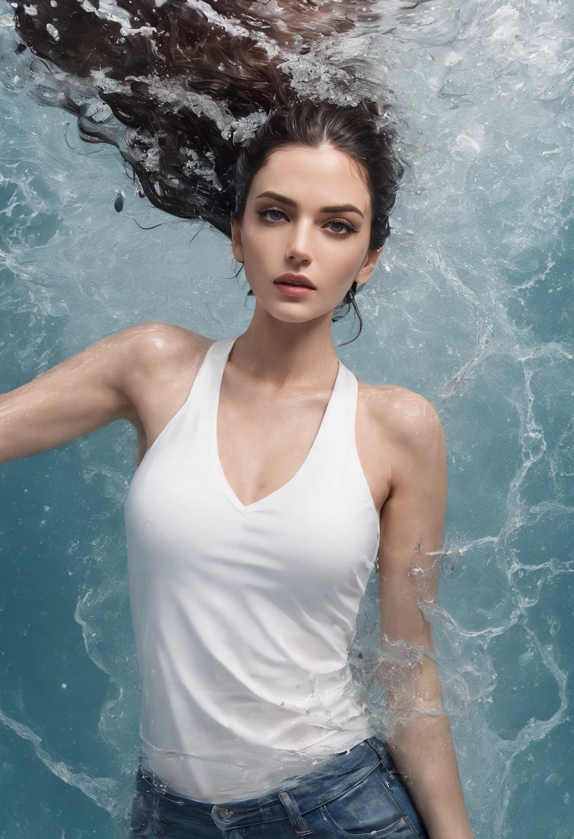 photograph of a woman in a white tank top in water, wet hair pulled back, wet jeans, middle eastern, wet tank top, soaked, hair slicked back, beautiful symmetrical face, ultra realistic, fashion editorial, elegant, highly detailed, intricate, sharp focus, 85mm, mid shot, (centered image composition), trending on instagram