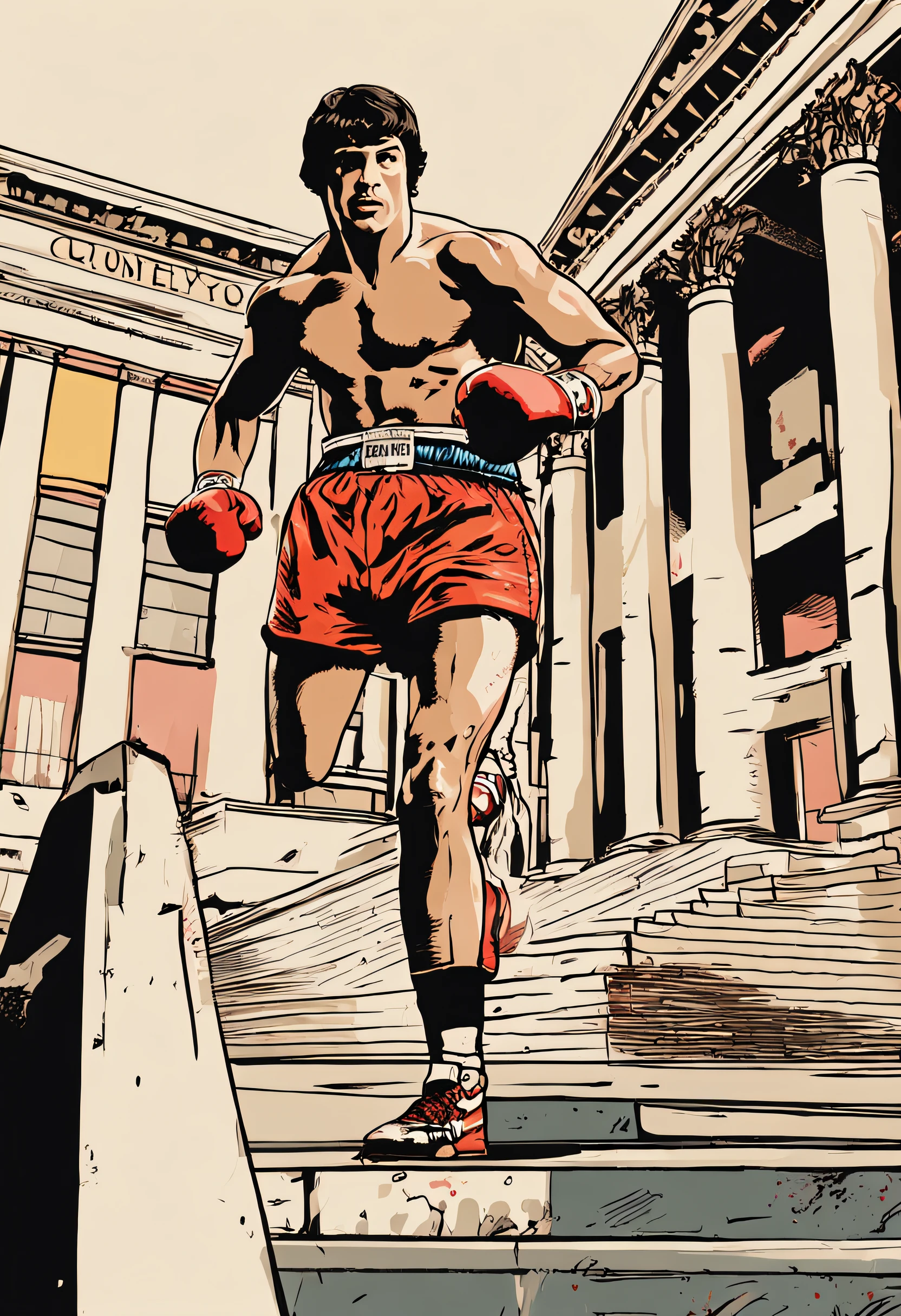 Rocky Balboa training hard, running down the steps of the Philadelphia Museum of Art, punching punching bags