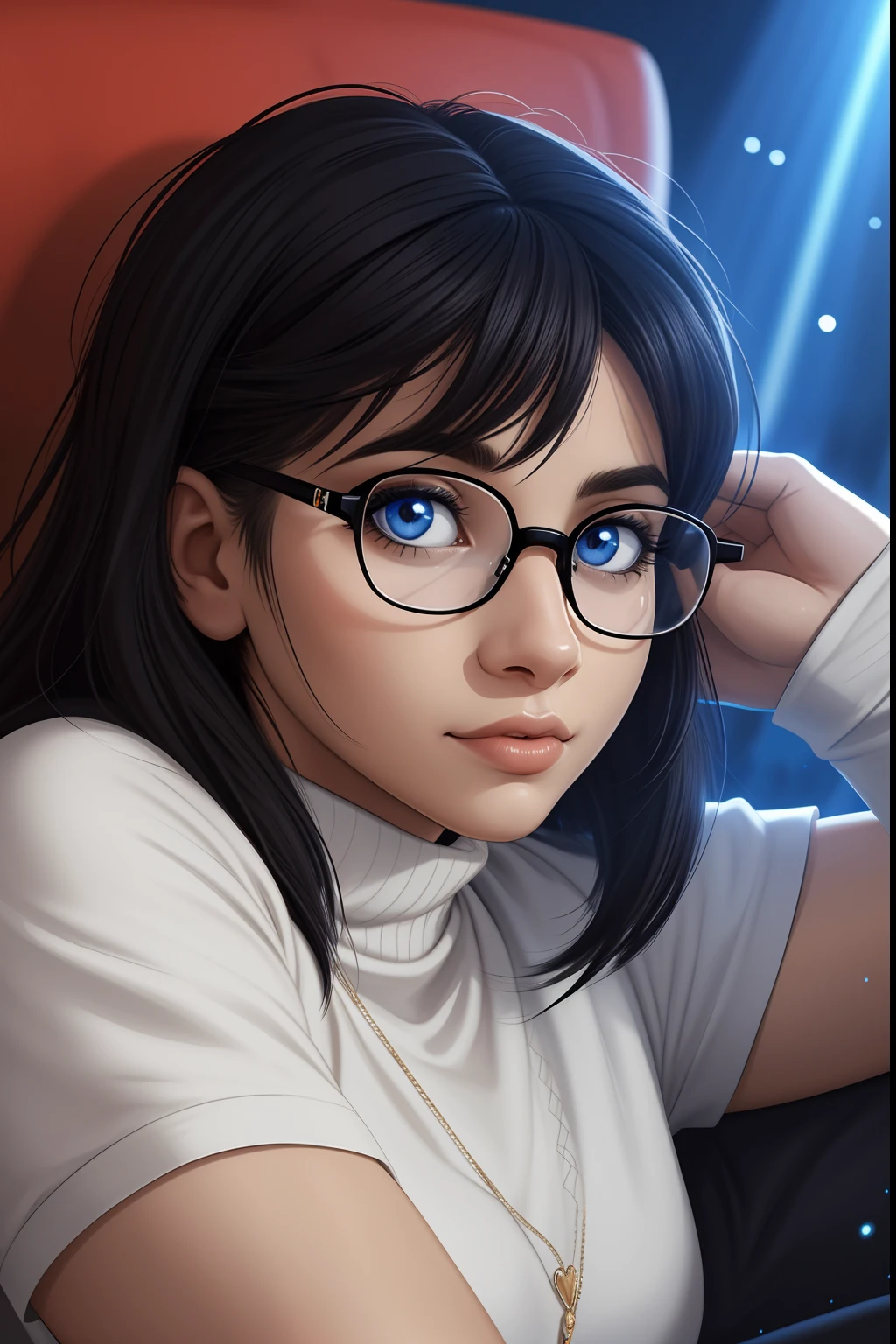 Woman with glasses sitting on a couch with a furry , aluna hiperrealista, com rabo-de-porco preto, character is in her natural pose, imagem ultra realista, Commission for High Res, nerdy black girl super hero, With eye Glasses, uma aluna hiperrealista, thick glasses, estilo de arte fotorrealista, photorealistic illustration, estilo de arte realista, Realistic student cosmic fallen angel, olhos claros brilhantes, Biomechanicals, estranho, assustador, Pesadelo, cores muito brilhantes, light particles, com luz brilhante, Mshiff, Arte do papel de parede, Papel de parede UHD, Anakil Skywalker, 15 anos, roupas medievais