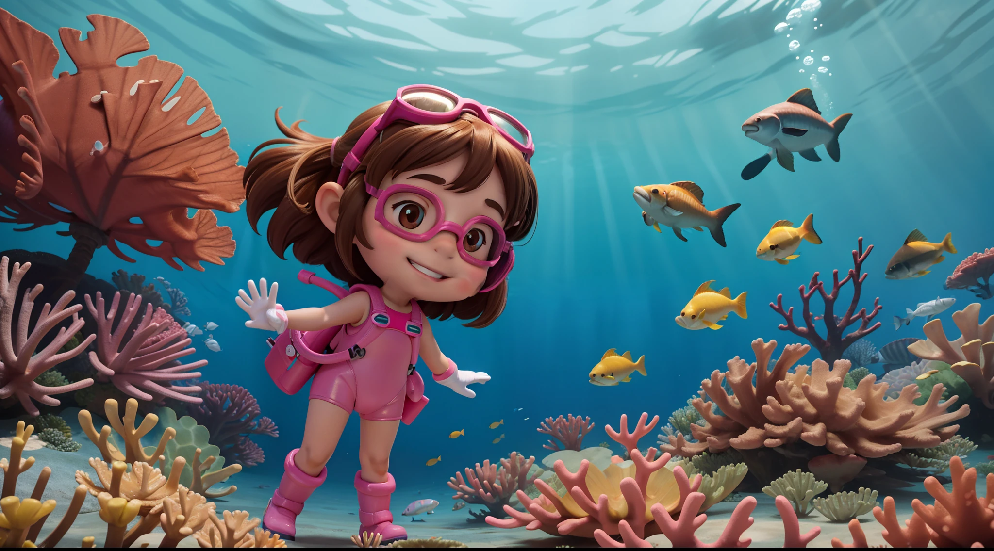 Frontal image of a 5-year-old girl standing, happy, with brown hair, brown eyes, rosy cheeks, arms spread apart, legs apart, wearing diving goggles, a pink diving suit, diving gloves, and diving shoes, underwater among corals and fish, in the style of a children's book illustration.