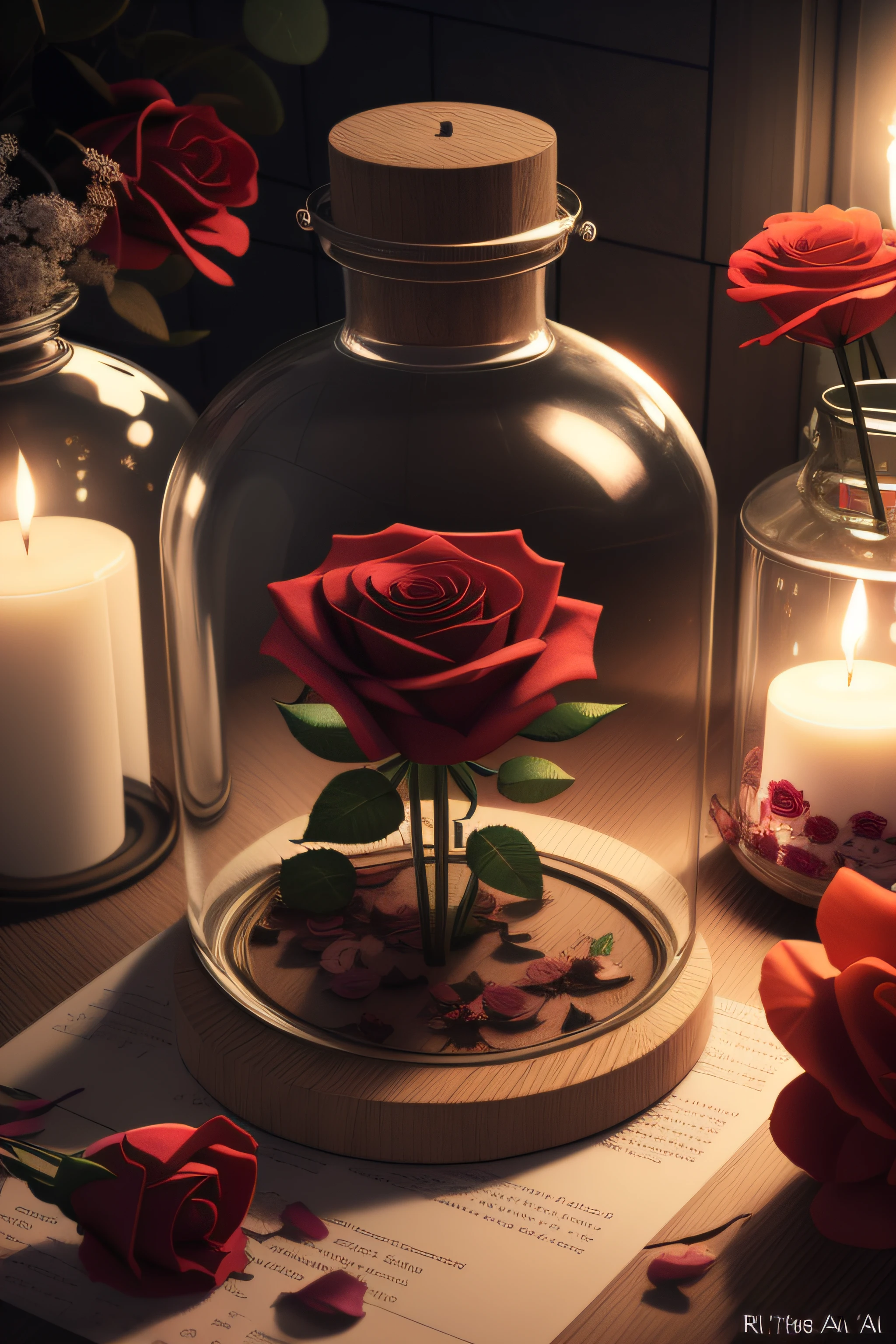 There are two glass jars with flowers and candles on a table, Motor irreal ; romantic theme, roses in cinematic light, 8 k cg render, 8k arte detalhada de alta qualidade, high quality 3d render, high quality 3d render, Arte digital realista 4K, Arte digital realista 4K, very realistic render, hyper realistic detailed rendering, highly detailed render