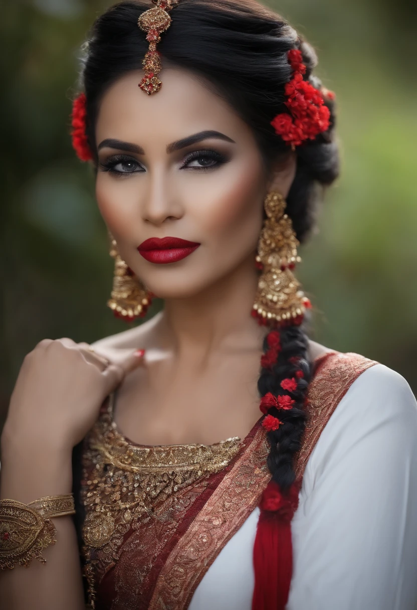 A woman with a red and gold headpiece and red lipstick - SeaArt AI