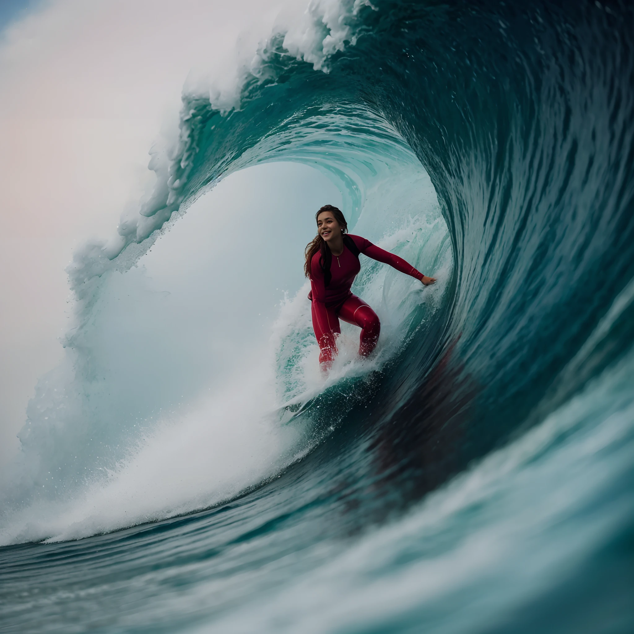 Surfer in red wetsuit riding a large wave in the ocean - SeaArt AI