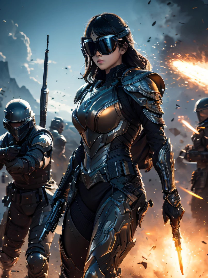 hight resolution、​masterpiece、top-quality、ultra-detailliert、​masterpiece、foco nítido、lighting like a movie、One adult woman、Full body depiction、Black reinforced armored suit for troops with complex patterns、Helmet that covers the head and face、With full face shield、full armor、Full Face Armor、Black combat goggles、Black sunglasses、Gun firing、glint、sky at night、 battle field、detailed face depiction、Detailed hand depiction、watching at viewers、Dynamic action