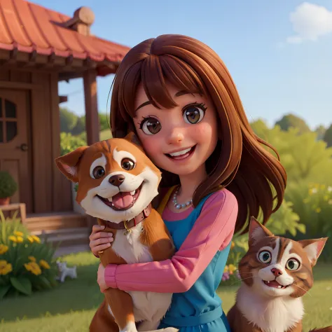 a brown-haired woman around 25 smiling and holding a dog and a cat. Disney style, vibrant colors, cute, happy.