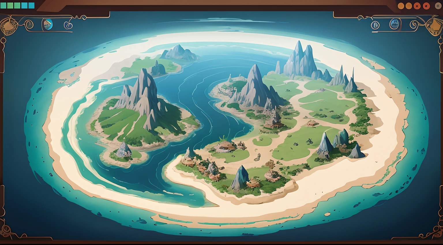 cartoon-style illustration，A small island located in the middle of a body of water, epic matte painting of an island, legend of korra setting, Stylized concept art, concept art 8 k resolution, concept art 8k resolution, isometric 3d fantasy island, Island background, Official concept art, 4 k hd illustrative wallpaper, an isometric fantasy map