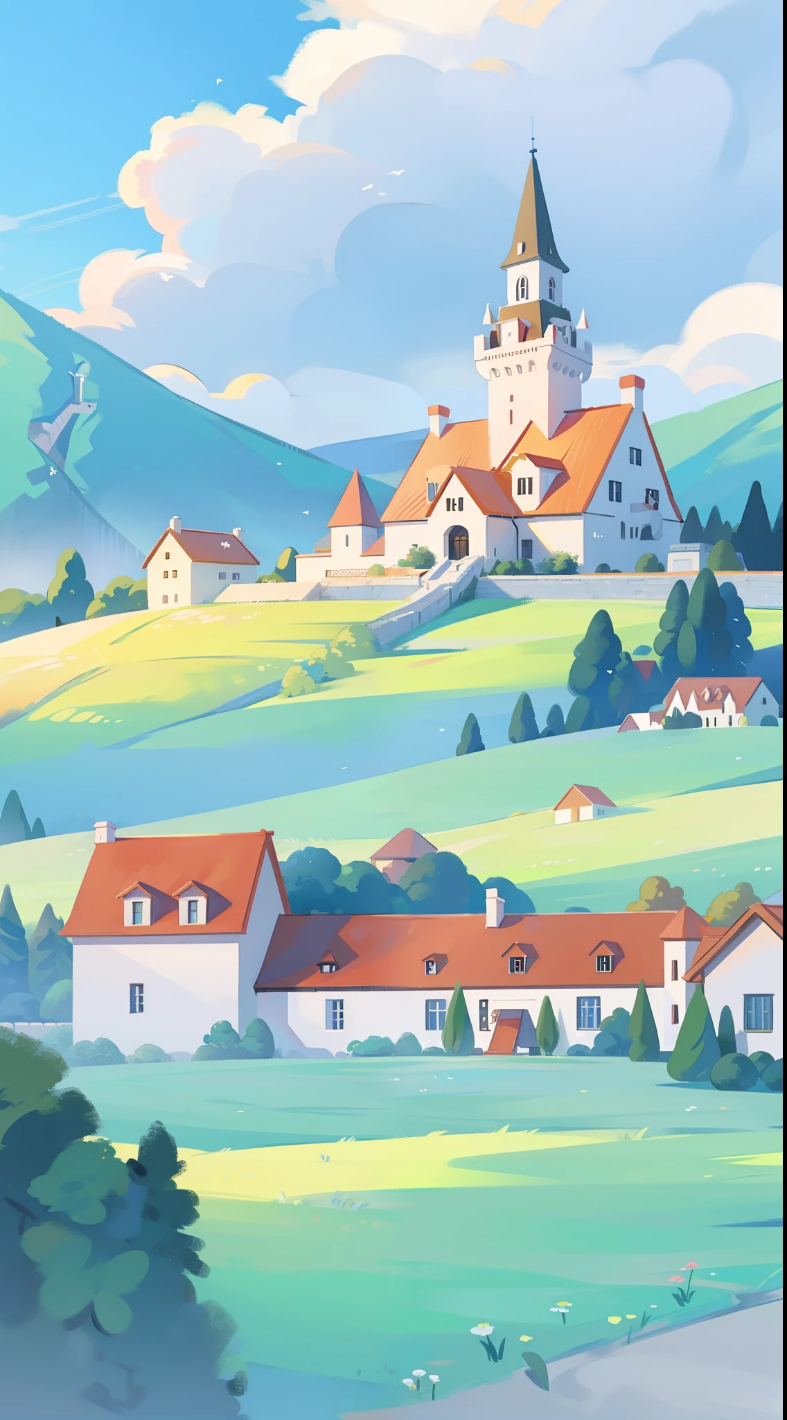 watercolor, children's storybook illustration, a castle surrounded by a village, houses, cottages, buildings, towers, clouds, colorful, vibrant warm colors, bright, ((masterpiece)), ((best quality)), 8k, intricate detail, high resolution, highly detailed environment, perfect architecture