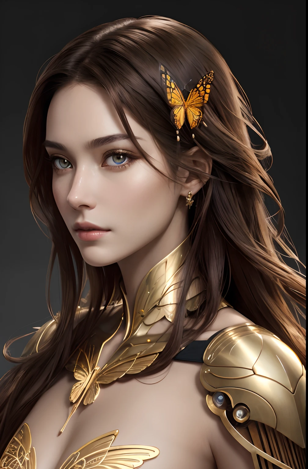 8k portrait of beautiful cyborg with brown hair, complexe, elegant, highly detailed, majestueux, digital photography, art by artgerm and ruan jia and greg rutkowski surreal painting gold butterfly filigree, Broken glass, (Masterpiece, side lighting, finely detailed beautiful eyes: 1.2), Hdr, (Detailed background window to a new dimension, Plantes et fleurs:0.7) Infini, Symbole infini,