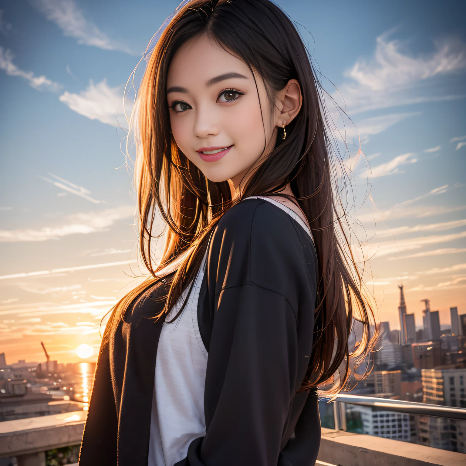 xx Remix Girl,1girll, fish eye, self-shot, Wind, Messy hair, Sunset, Cityscape, (Aesthetics and atmosphere:1.2), Gray hair,Smiling,Movie girl
