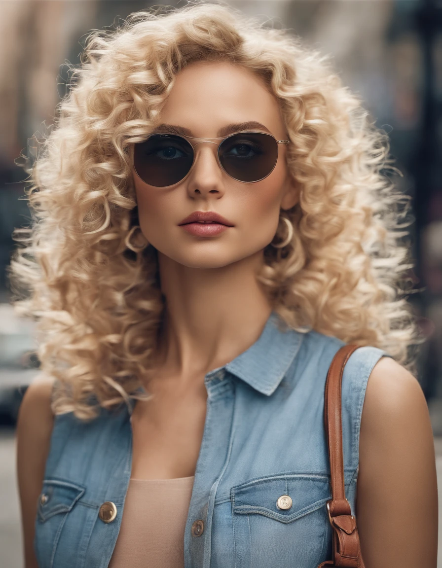 blonde woman with curly hair poses on the street, handbag, photo taken with  provia, in the style of ultrafine detail, high quality photo - SeaArt AI