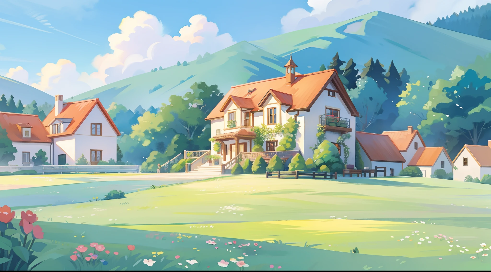 countryside fantasy, watercolor illustration, whimsical, vibrant warm colors, huge overgrown cottage mansion, sharp details, meadow, vines, colorful flowers, perfect architecture