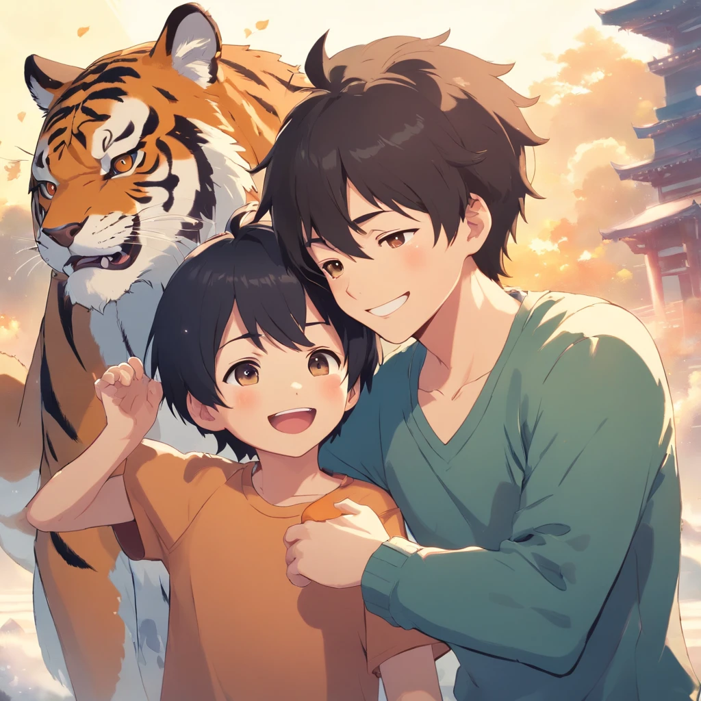 Anime boy and girl hugging with tiger in the background - SeaArt AI