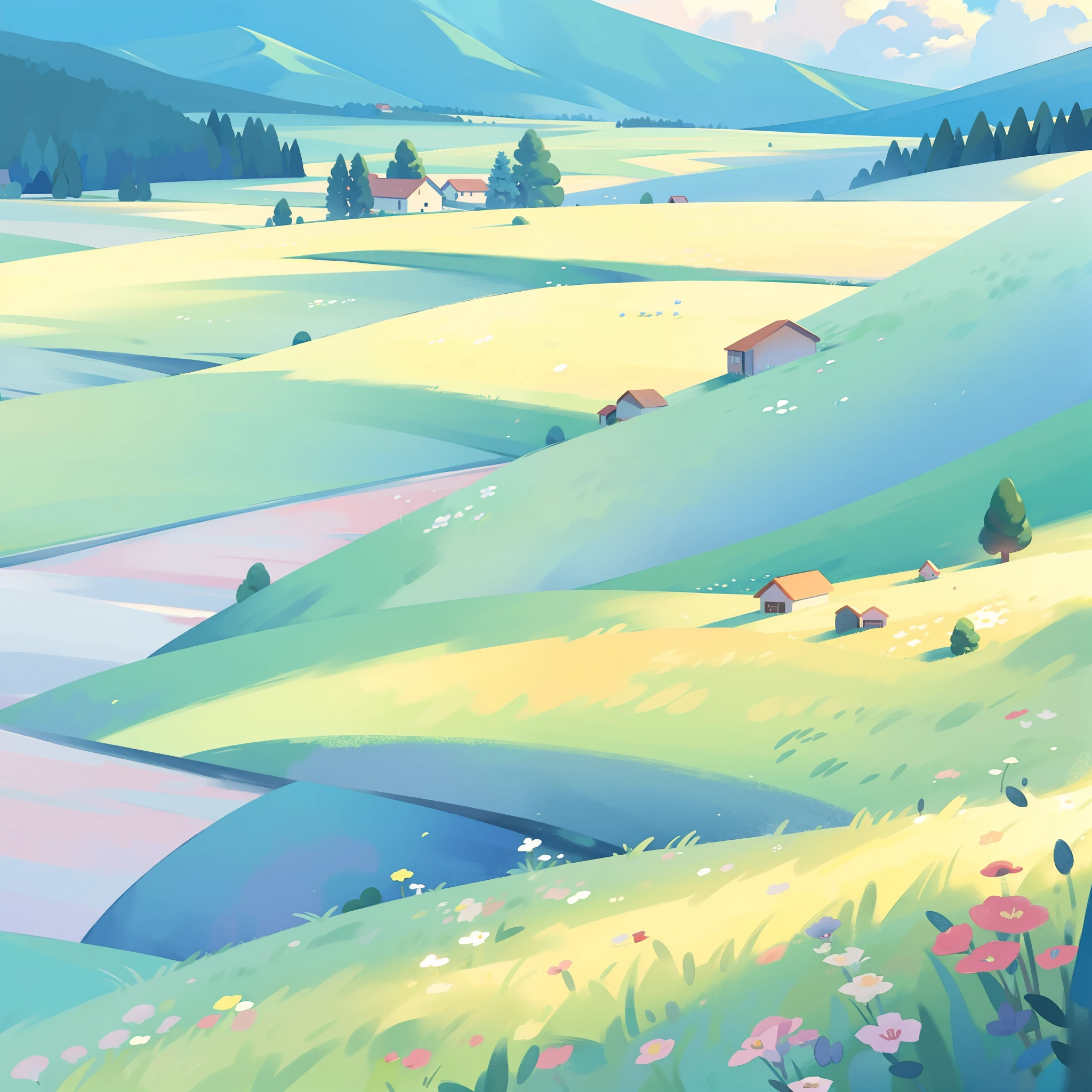 countryside fantasy, watercolor illustration, whimsical, vibrant warm colors, sharp details, ((meadow filled with colorful flowers)), ((colorful flowers)), landscape, wide open countryside, woods in distance, multicolor farmland