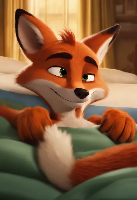 Nick wilde, barefoot and hypnotized, He is lying on a bed with his arms and  legs - SeaArt AI