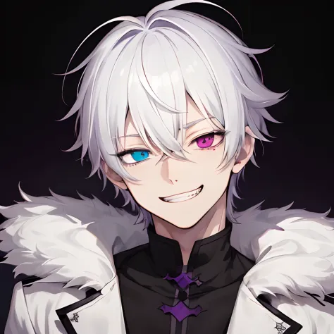 1 boy、A white-haired、purplish white eyes、maniacal grin、short messy hair、Portrait 、handsome 、heterochromia 、hair covering right e...