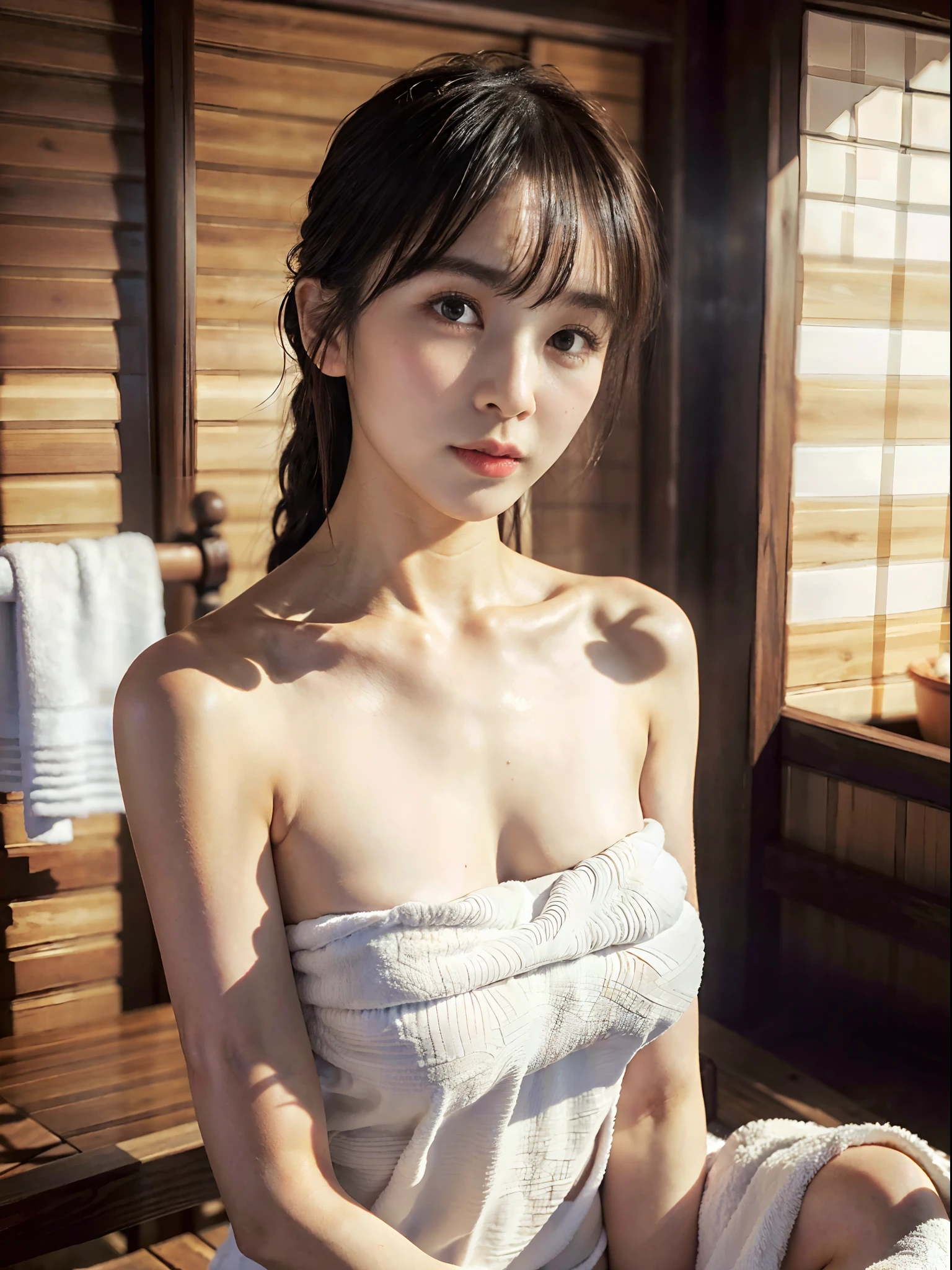 (Blurry background:1.3), (Highly detailed fine touch:1.3), ///, 
Soaking in hot springs、hot water、(I wrapped a towel around her、Roll the towel horizontally、I stripped her naked、Hide your chest with a towel、barechested)、Open-air bath with a superb view,Little steam,​masterpiece, hot onsen,realisitic, surrealistic, top-quality, camera photo､ Tie your hair,, Red cheeks, Raw photography, Delicate, (intricate-detail:1.3), Hyper-detailing, finely detail, darker shadows, 1girl in, 独奏, 8K, film grains, (Photorealsitic:1.3), (More skin:1.2), Beautiful details, Skin Texture, natta,ryokan