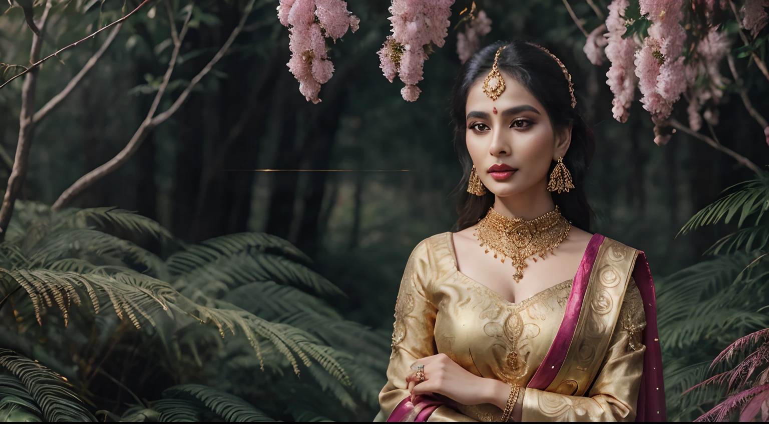 araffe woman in a gold and pink outfit standing in a forest, heavy gold jewellery, wearing elegant jewellery, wearing gold jewellery, traditional beauty, gold jewellery, golden jewellery, stunning and rich detail, intricate jewellery, portrait shot, intricate gold jewlery, adorned with precious stones, golden intricate details, intricate thin details in gold, trending on cg society