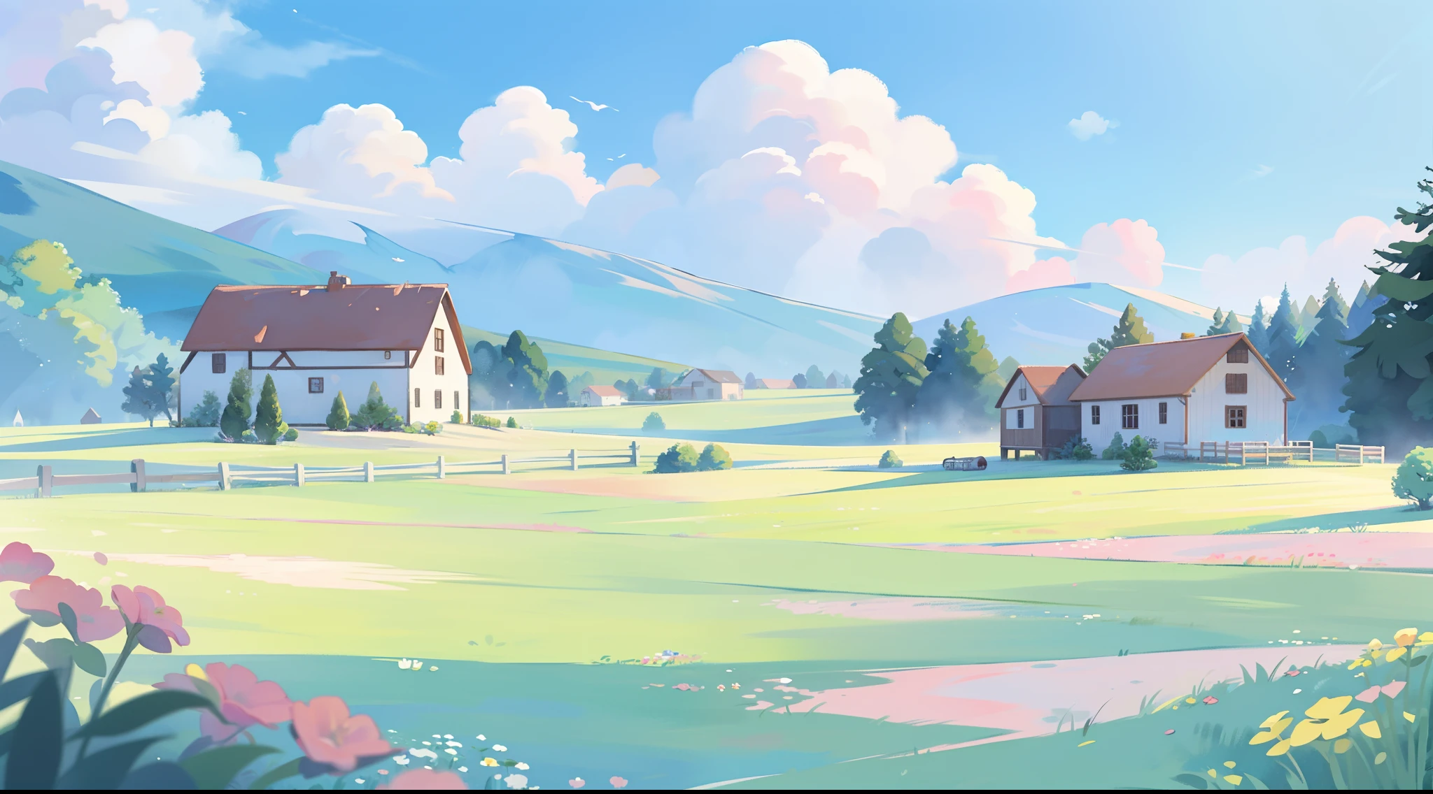 watercolor, children's storybook illustration, clouds, colorful, pastel colors, bright, ((masterpiece)), ((best quality)), 8k, intricate detail, high resolution, highly detailed environment, perfect architecture, sharp focus, highly detailed, countryside fantasy, watercolor illustration, whimsical, bright colors, huge overgrown farmhouse, barn, sharp details, meadow, vines, colorful flowers, perfect architecture