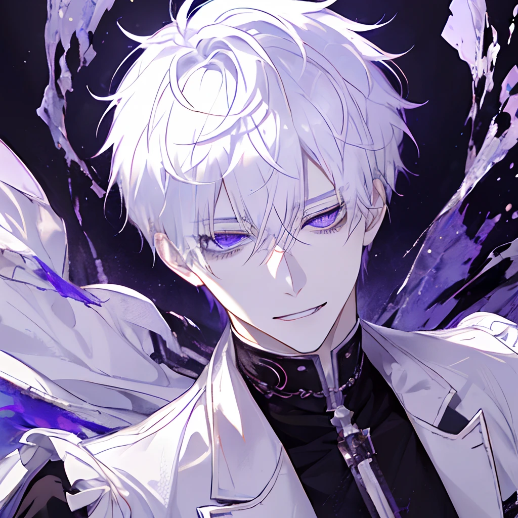 1 boy、A white-haired、purplish white eyes、maniacal grin、short messy hair、Portrait 、handsome 、heterochromia 、hair covering right eye、Evil grin、black trenchcoat